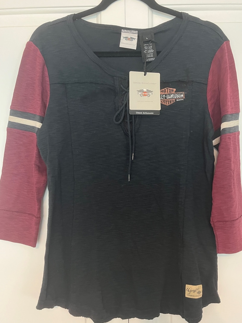 Harley-Davidson: Black Top with Burgundy Contrast 3/4 Sleeves